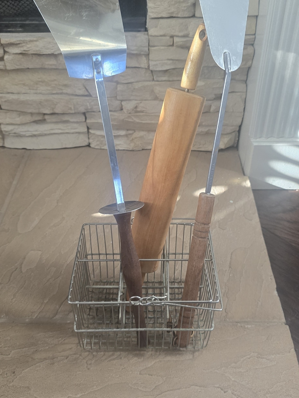 Wood and Metal Kitchen Utensil Items with Metal Storage Basket